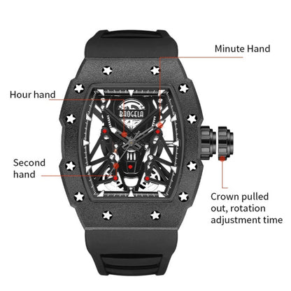 BAOGELA 224145 Barrel Skeleton Waterproof Sports Stainless Steel Silicone Men Watch(Black Shell Black Belt) - Silicone Strap Watches by BAOGELA | Online Shopping UK | buy2fix