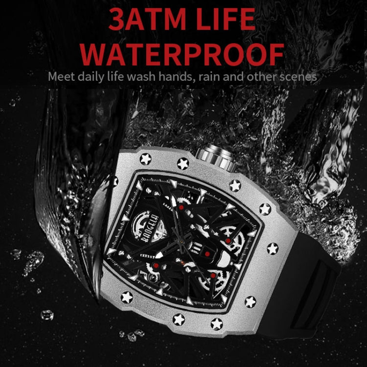 BAOGELA 224145 Barrel Skeleton Waterproof Sports Stainless Steel Silicone Men Watch(Black Shell Red Belt) - Silicone Strap Watches by BAOGELA | Online Shopping UK | buy2fix