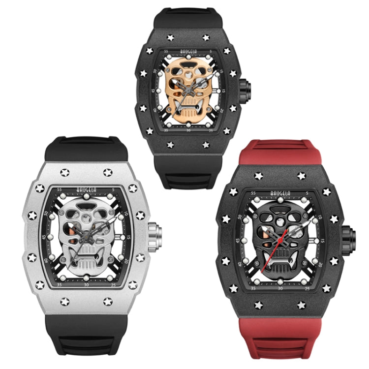 BAOGELA 224141 Hollow Skull Luminous Sports 304 Stainless Steel Silicone Men Watch(Black Shell Rose Face Black Belt) - Silicone Strap Watches by BAOGELA | Online Shopping UK | buy2fix