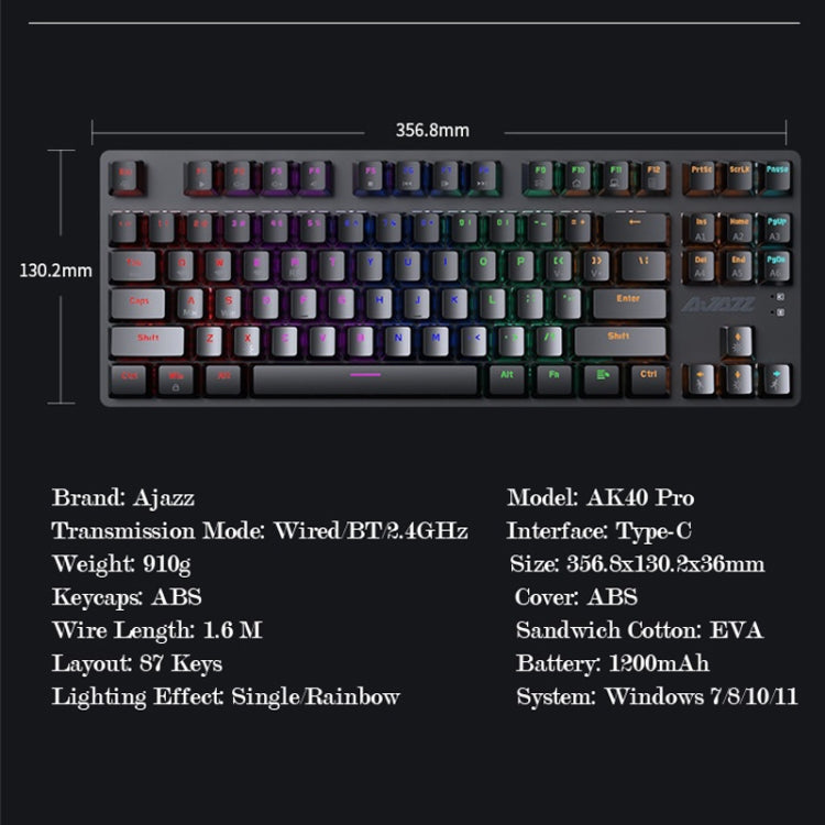 Ajazz AK40pro 87 Keys Bluetooth/Wireless/Wired Three Mode Game Office Mechanical Keyboard Mixed Light Tea Shaft (White Blue) - Wireless Keyboard by Ajazz | Online Shopping UK | buy2fix