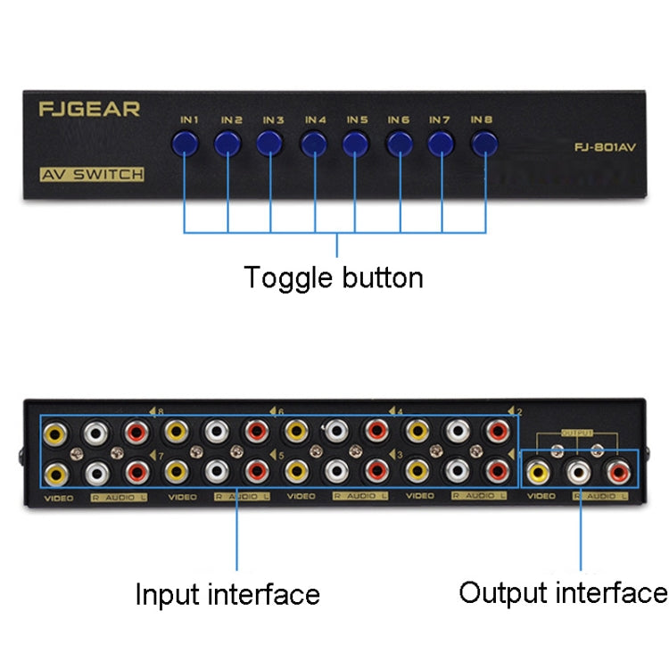 FJGEAR FJ-801AV Audio Video Switcher 8 In 1 Out CVBS Switcher - Switch by FJGEAR | Online Shopping UK | buy2fix