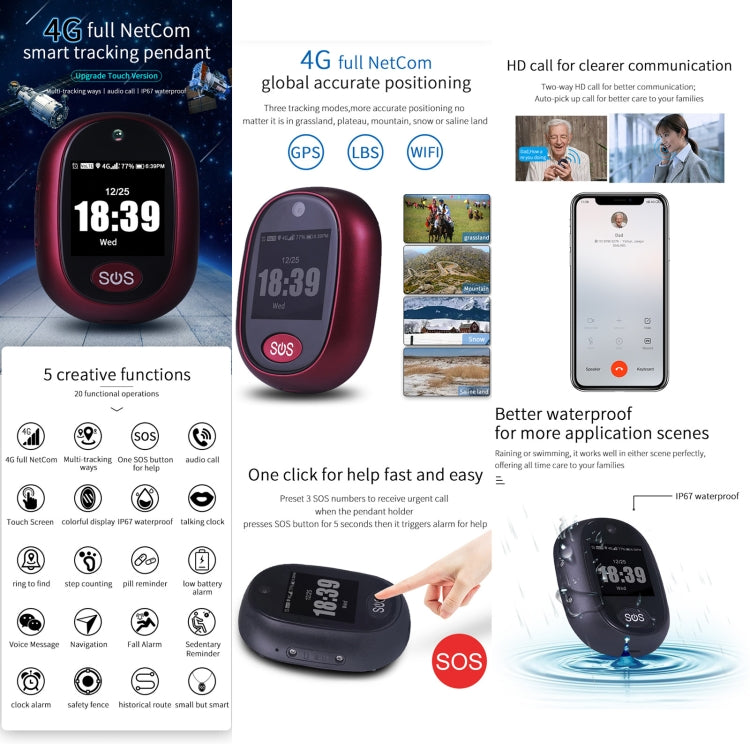 REACHFAR RF-V45-A Mini Touch Screen GPS Smart Tracker Pendant, Support SOS / Camera / Health Management / Video Calling / 4G LTE, For Asia/Europe/Africa / Australia(Wine Red) - Personal Tracker by REACHFAR | Online Shopping UK | buy2fix