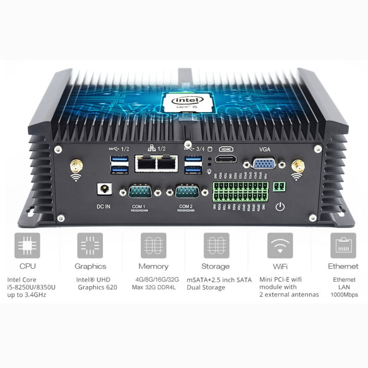 HYSTOU P12-I5-8250U Fanless Mini PC Intel Core i5-8250U Processor Quad Core up to 1.6GHz, RAM: 8G, ROM: 128G, Support Win 7 / 8 / 10 / Linux(Black) - Barebone Mini PCs by HYSTOU | Online Shopping UK | buy2fix