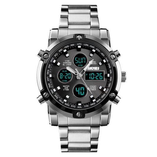 SKMEI 1389 Multifunctional Men Business Digital Watch 30m Waterproof Large Dial Wrist Watch with Stainless Steel Watchband (Silver+Black) - Metal Strap Watches by SKMEI | Online Shopping UK | buy2fix