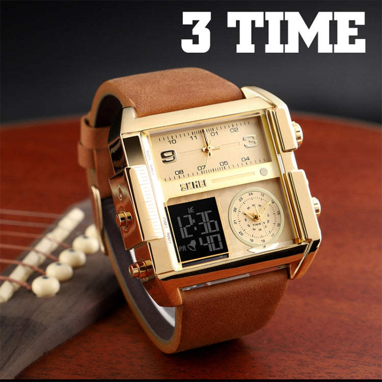 SKMEI 1391 Multifunctional Men Business Digital Watch 30m Waterproof Square Dial Wrist Watch with Leather Watchband(Gold) - Leather Strap Watches by SKMEI | Online Shopping UK | buy2fix